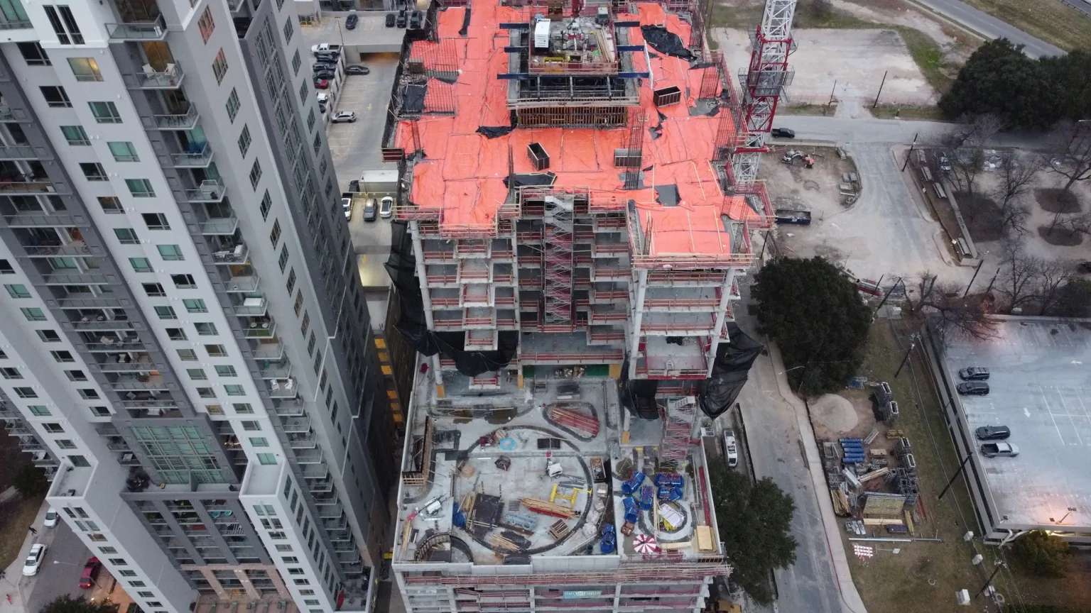 High-rise building under construction viewed from above
