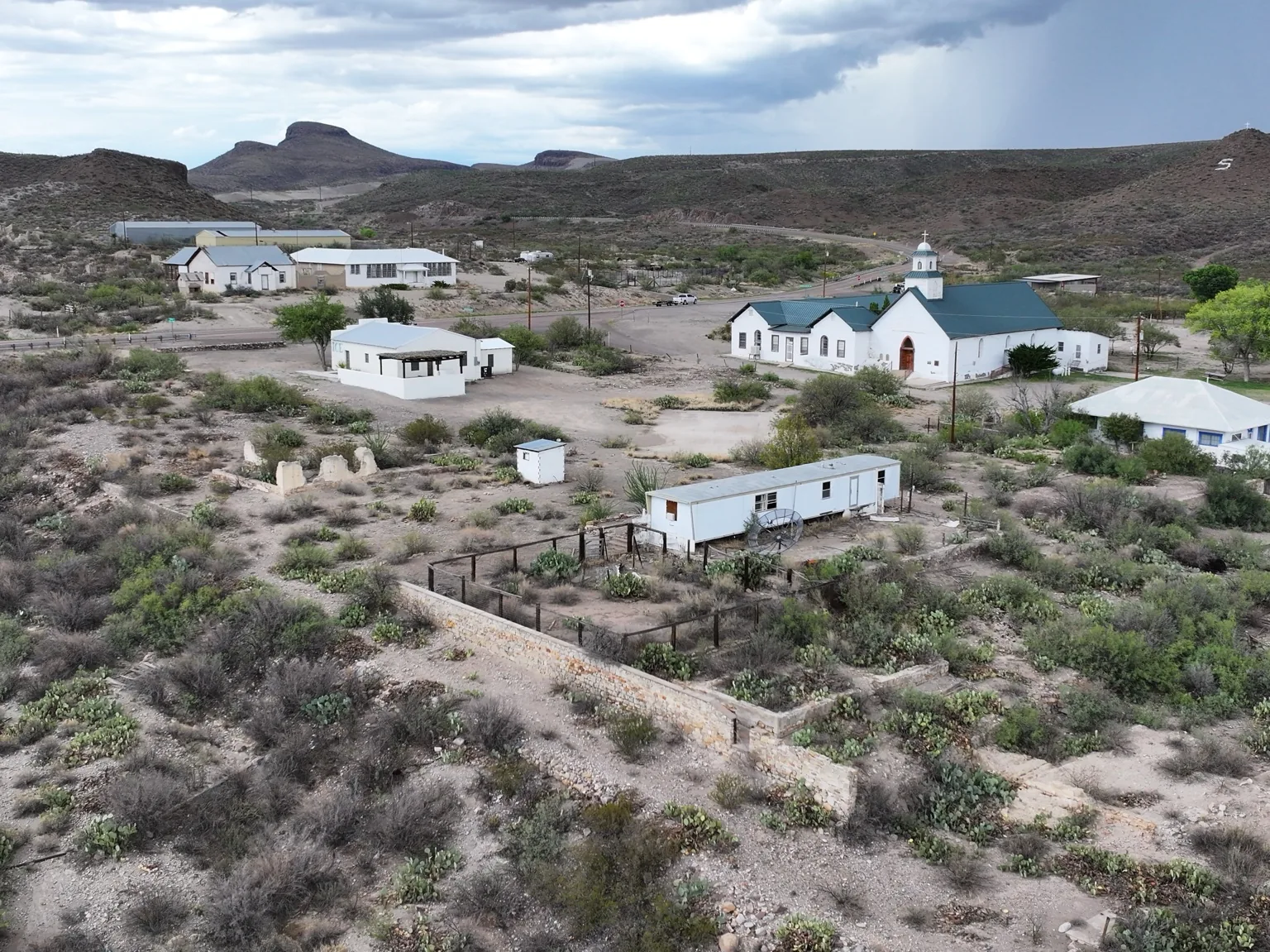 Aerial landscape with a white church in West Texas