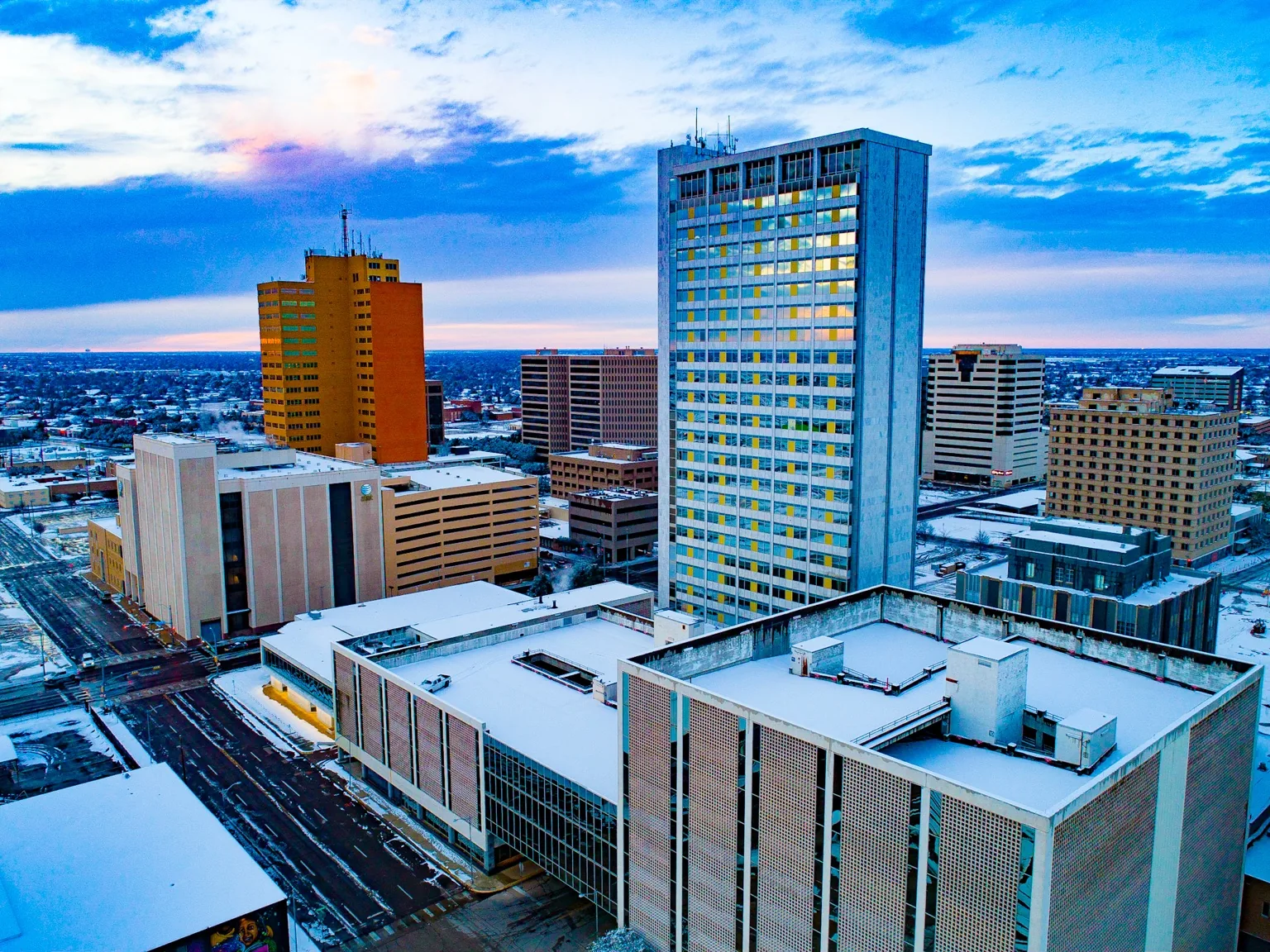 Aerial view of a snow-covered downtown skyline