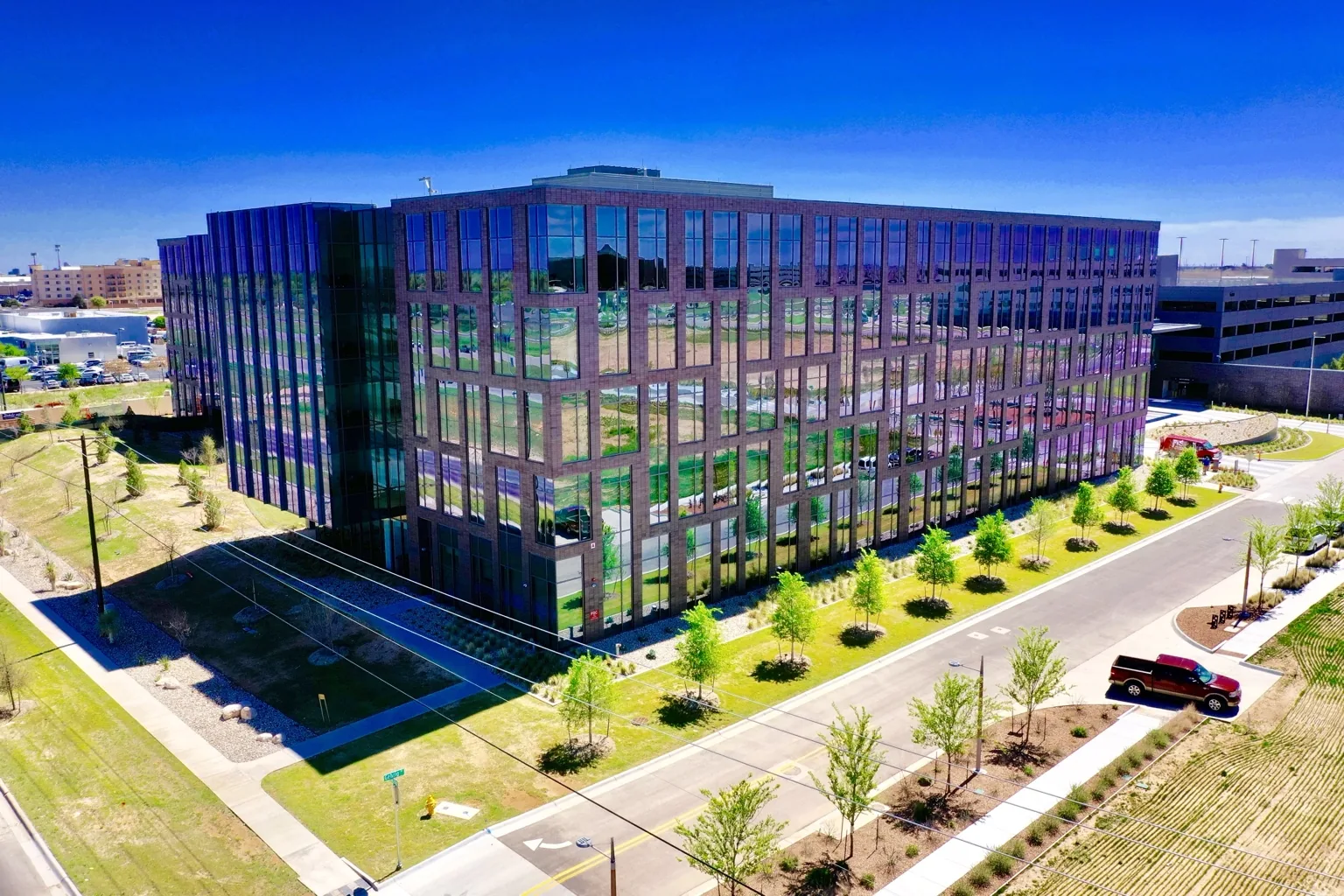 Aerial view of a modern glass office building
