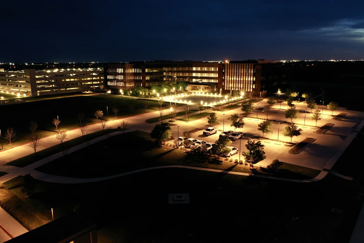 Aerial night photo of a corporate campus