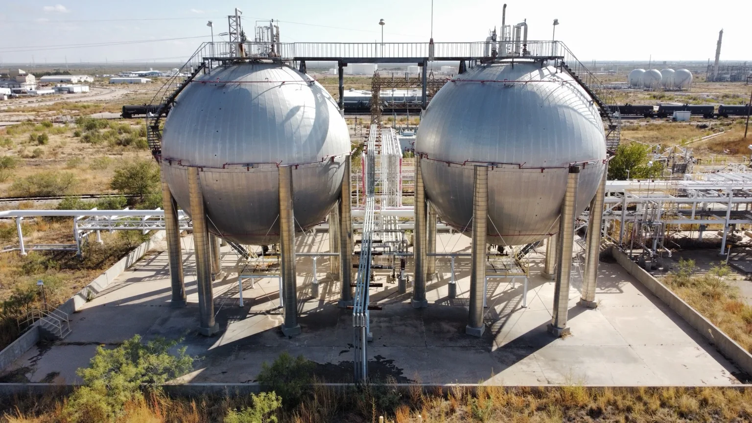 Aerial view of industrial spherical storage vessels
