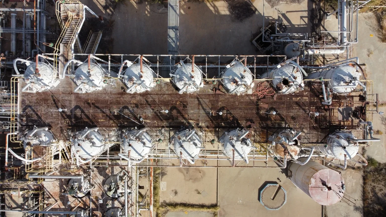 Top-down aerial view of industrial process equipment